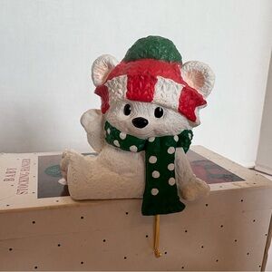 Vintage Hallmark white teddy bear scarf hat Christmas stocking holder hanger